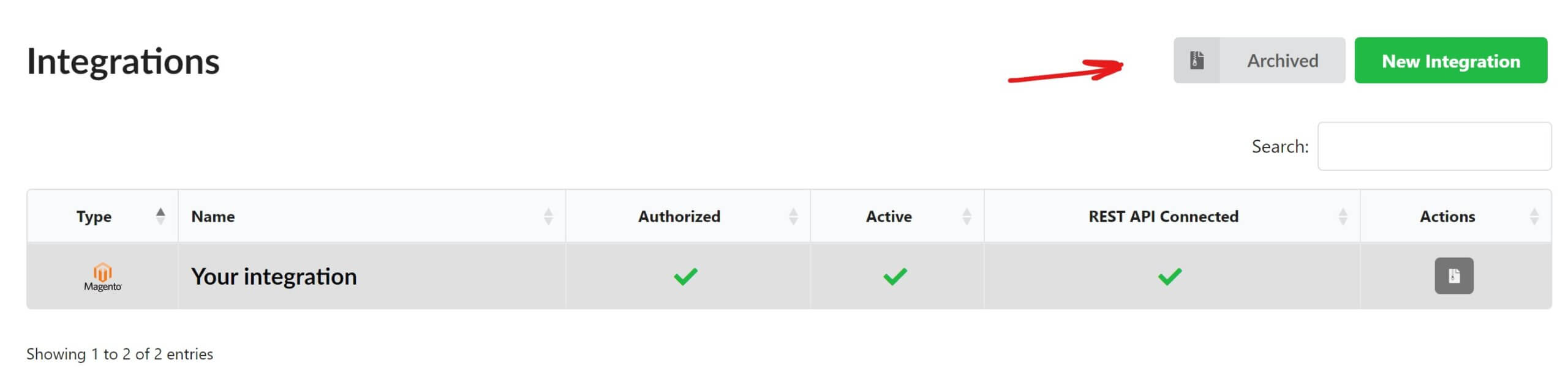 Fozzels integration screen with new archive button