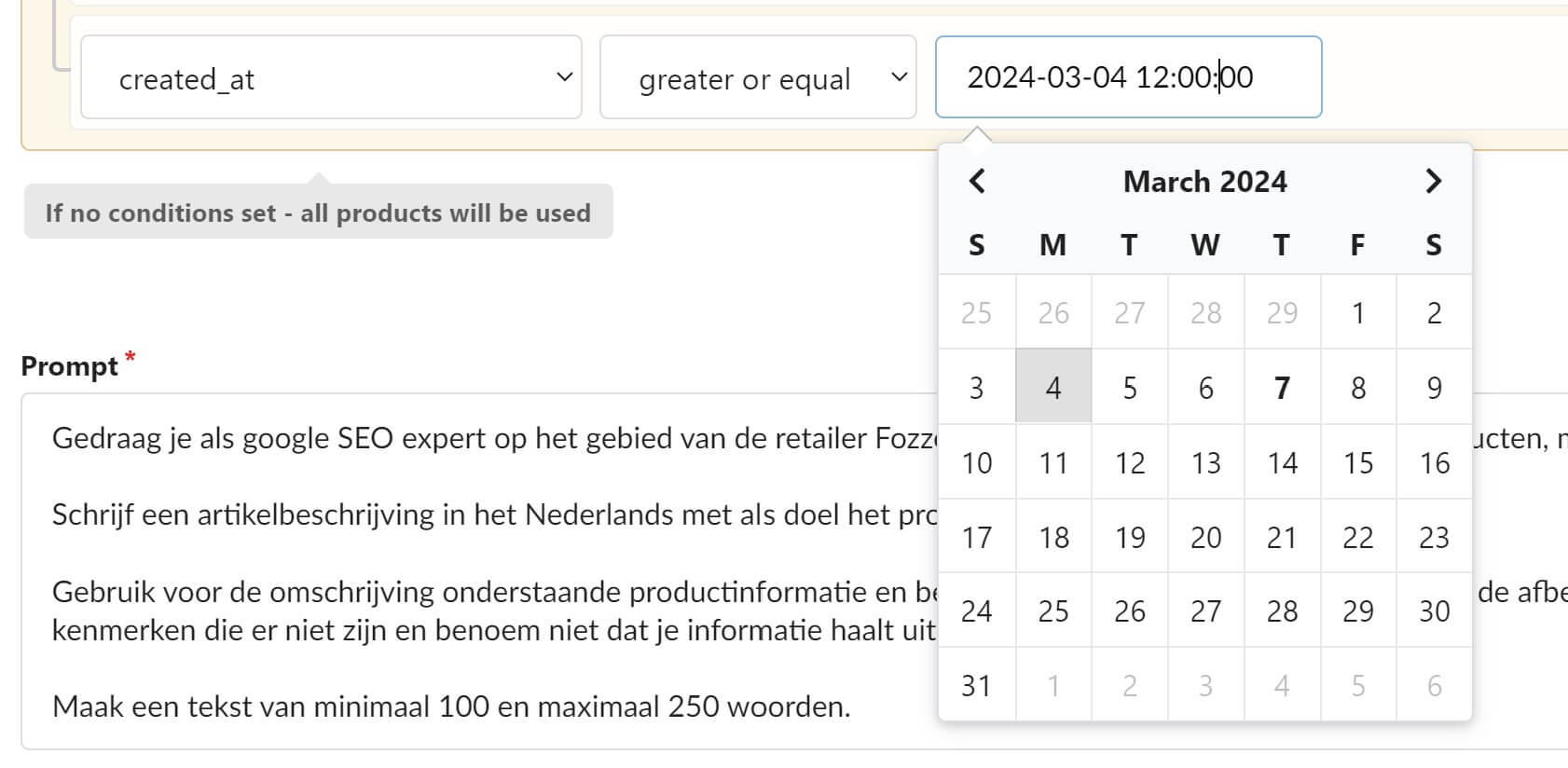 Screenshot of Fozzels selection field with date picker