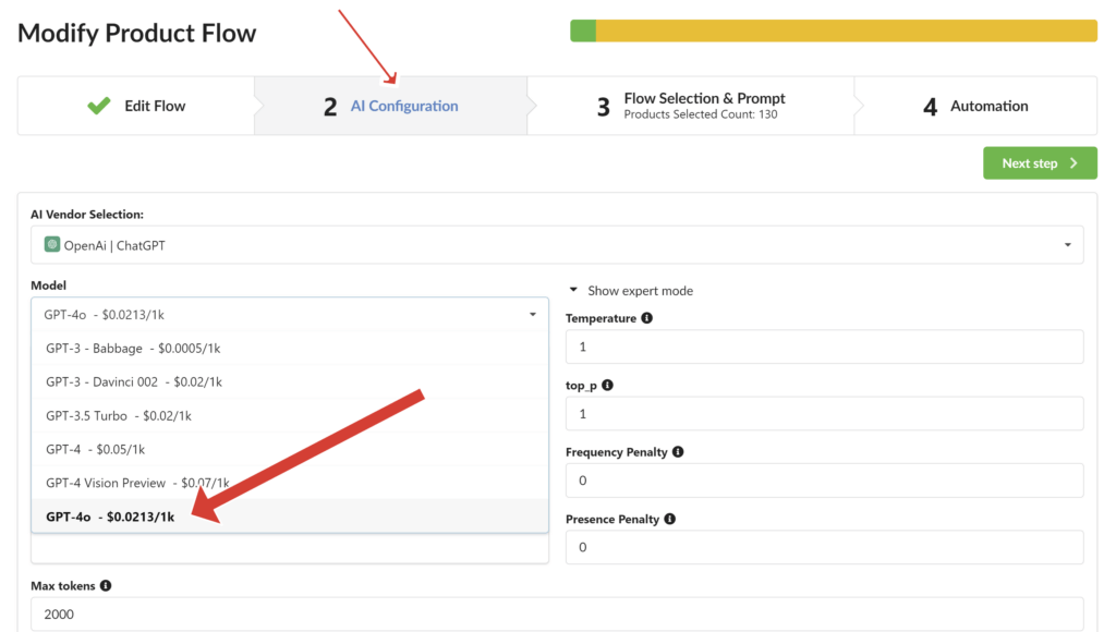 Captura de pantalla de Fozzels y selección del modelo de lenguaje GPT-4o