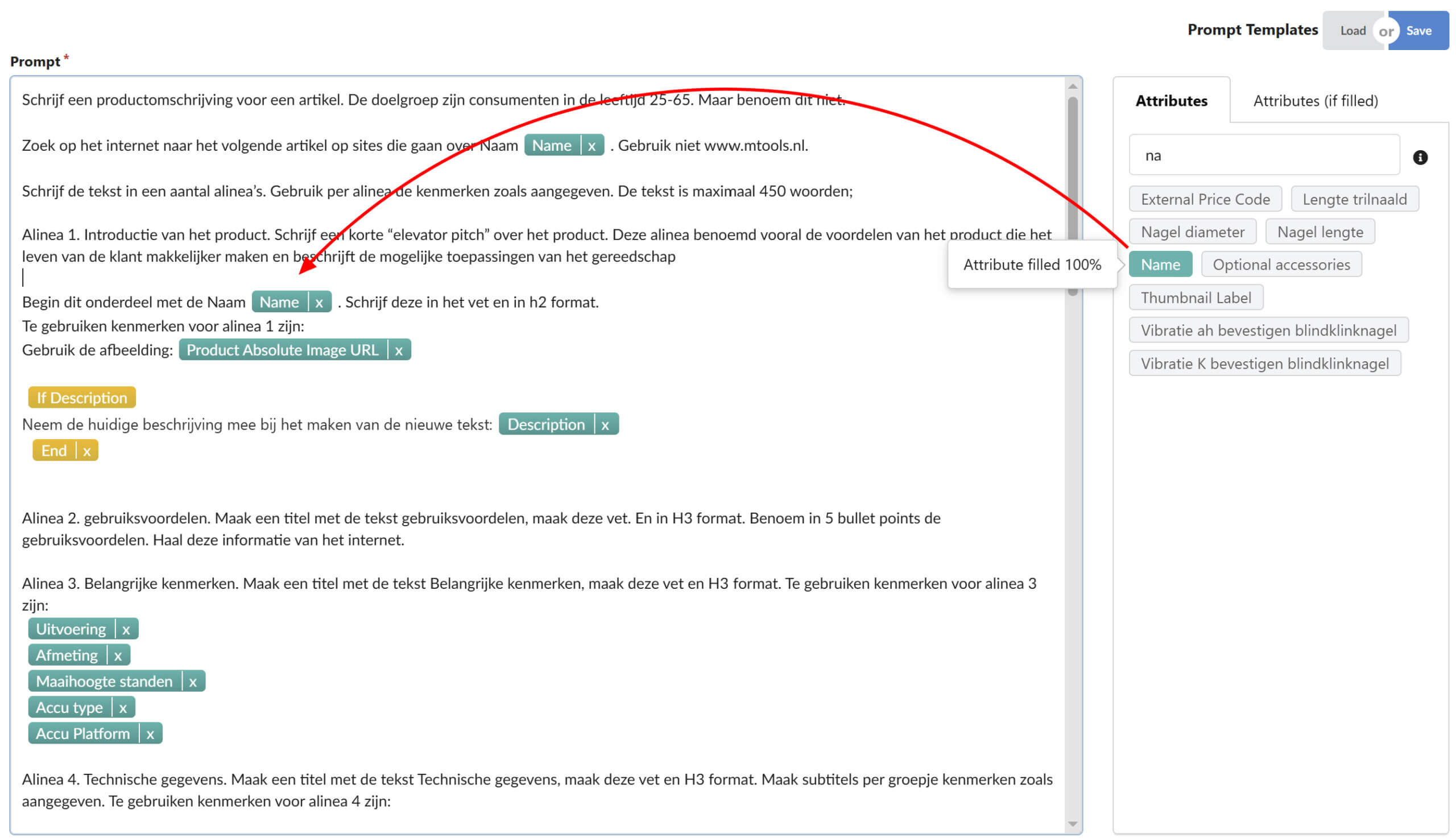 Ahora puede arrastrar y soltar los atributos de su producto en el campo Solicitud.